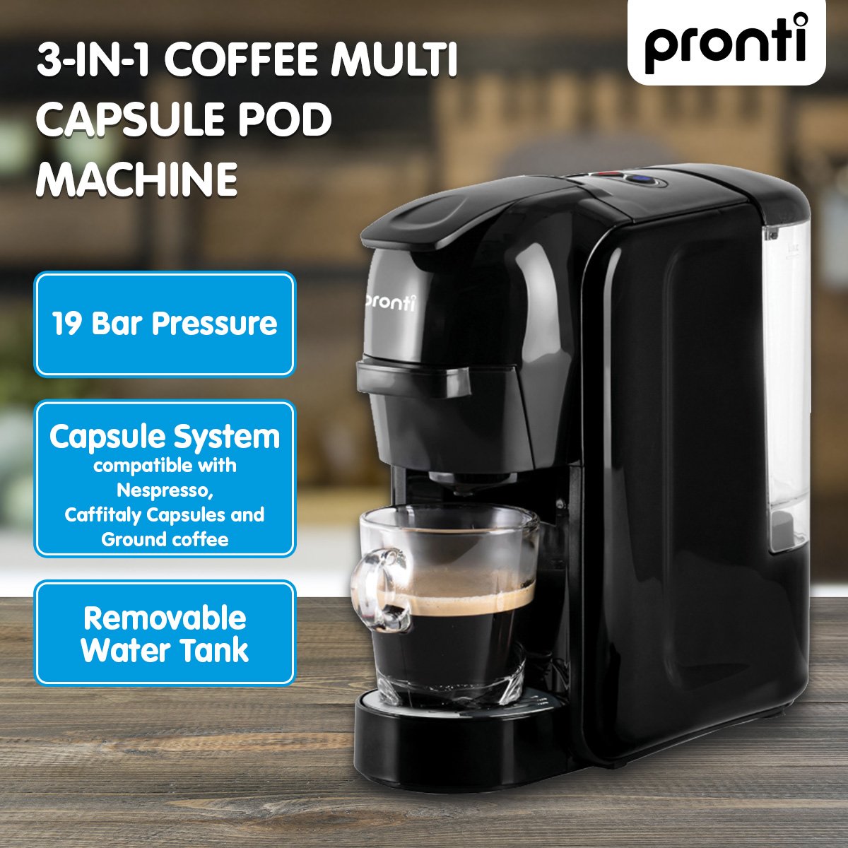 Pronti HomeMaid 3-in-1 Coffee Machine Multi-Capsule Pods and Ground Coffee Nespresso & Caffital