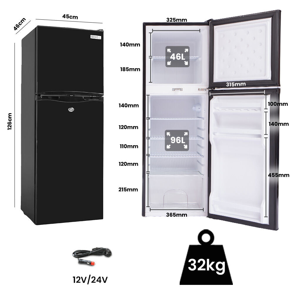 GECKO 142L Upright Portable Fridge / Freezer, 12V/24V for Motorhome and Caravan, Black