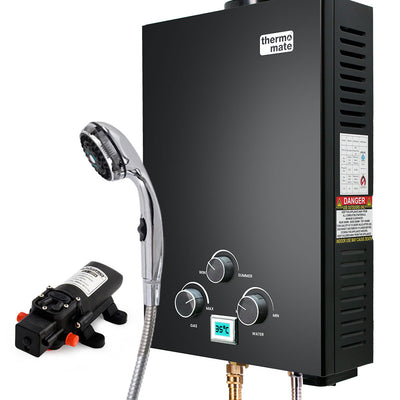 THERMOMATE Portable Gas Outdoor Camping Hot Water Heater System, with 12V Pump, Shower Head, Black