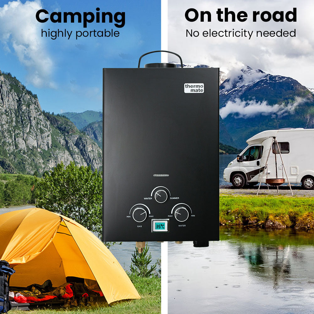 THERMOMATE Portable Gas Outdoor Camping Hot Water Heater System, with 12V Pump, Shower Head, Black