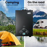 THERMOMATE Portable Gas Outdoor Camping Hot Water Heater System, with 12V Pump, Shower Head, Black - Front View