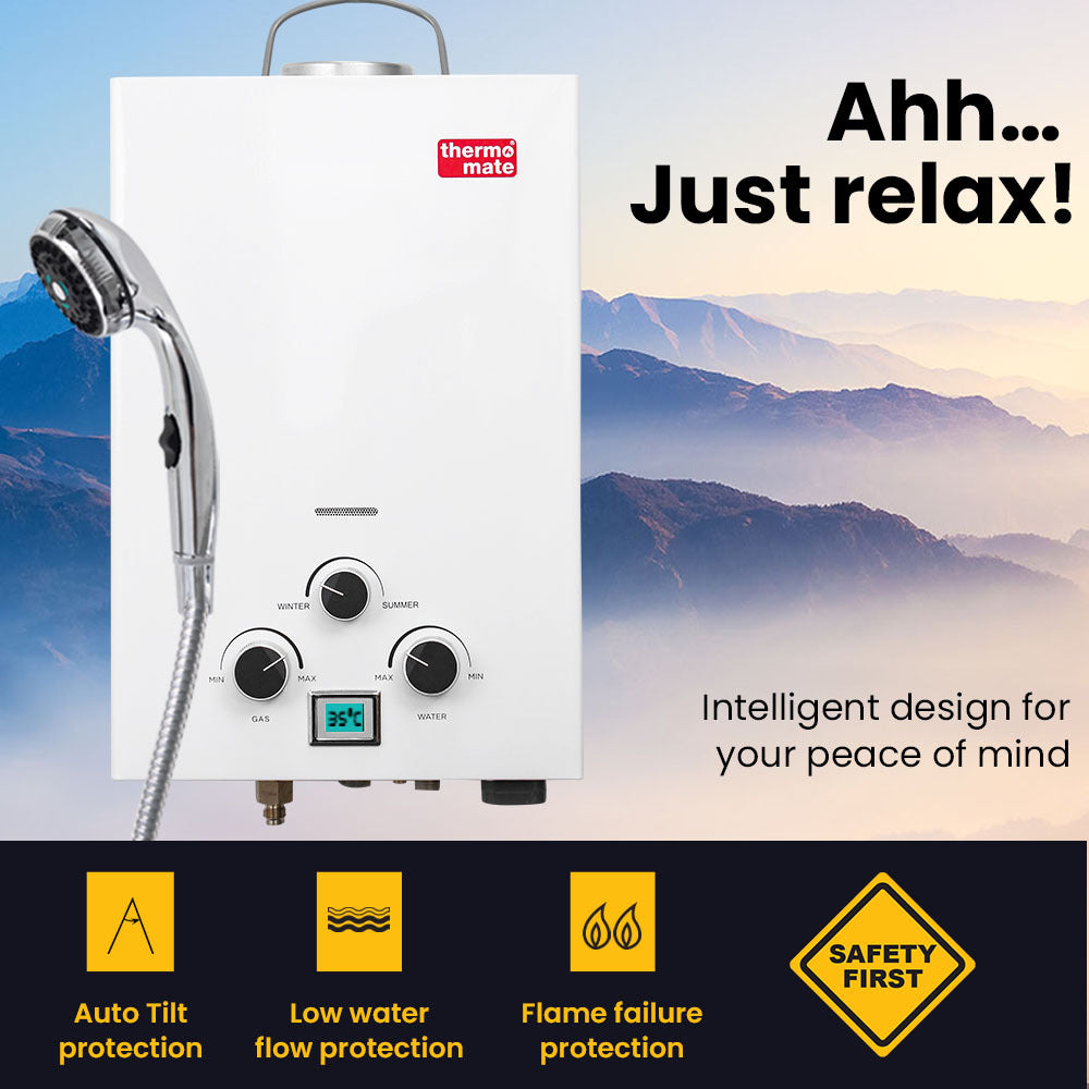 THERMOMATE Portable Gas Outdoor Camping Hot Water Heater System, with 12V Pump, Shower Head, White