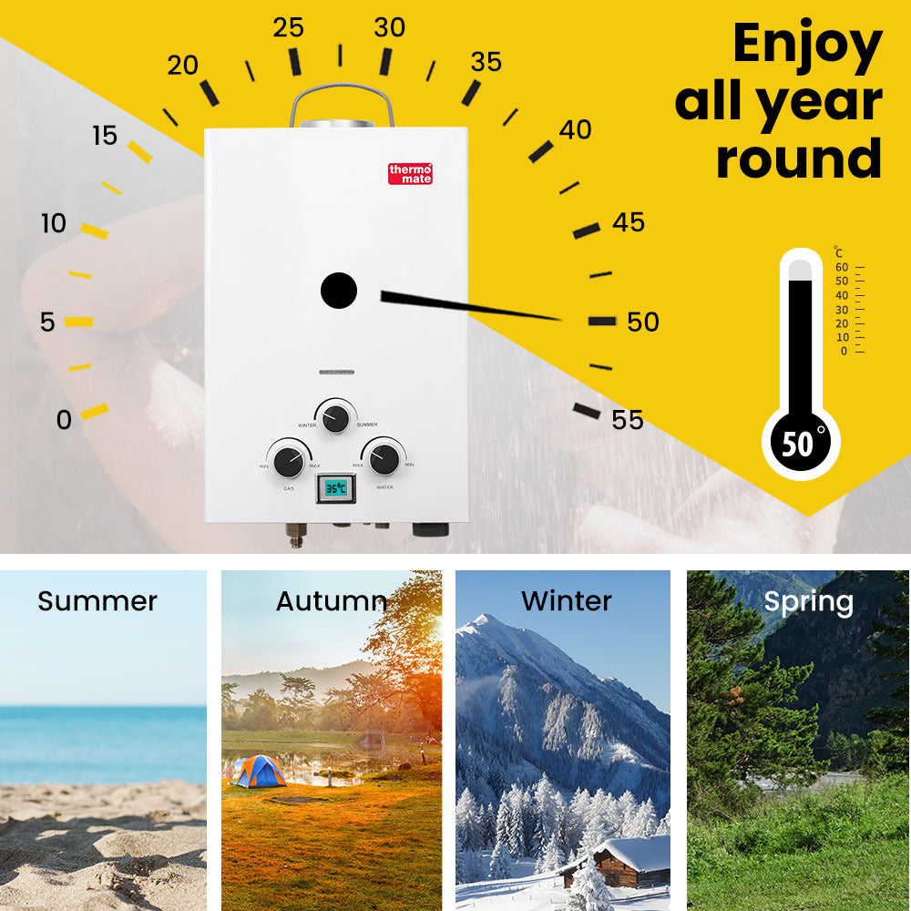 THERMOMATE Portable Gas Outdoor Camping Hot Water Heater System, with 12V Pump, Shower Head, White