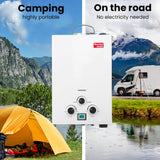 THERMOMATE Portable Gas Outdoor Camping Hot Water Heater System, with 12V Pump, Shower Head, White - Front View