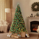Tinseltown Christmas Tree 1.8M 6FT Xmas Decorations Green w/ LED Light and Pine Cones - 45-Degree Angle