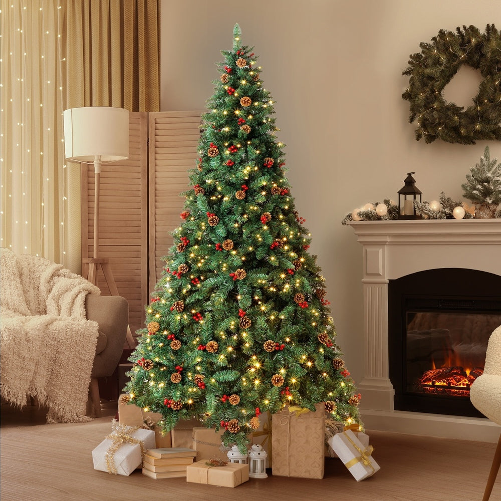 Tinseltown Christmas Tree 2.1M 7FT Xmas Decorations Green w/ LED Light and Pine Cones