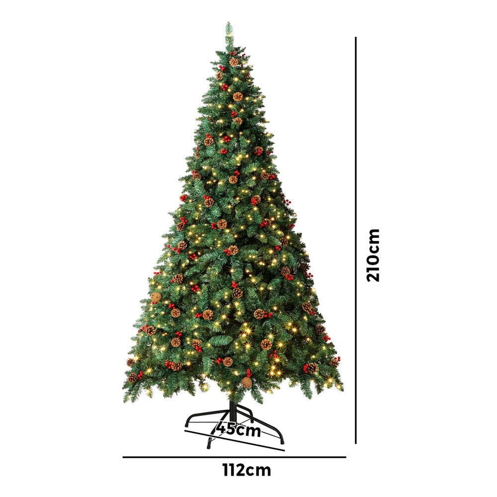 Tinseltown Christmas Tree 2.1M 7FT Xmas Decorations Green w/ LED Light and Pine Cones