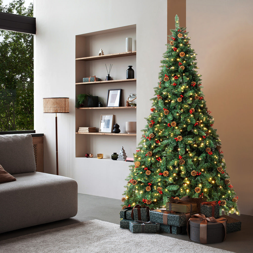 Tinseltown Christmas Tree 2.1M 7FT Xmas Decorations Green w/ LED Light and Pine Cones
