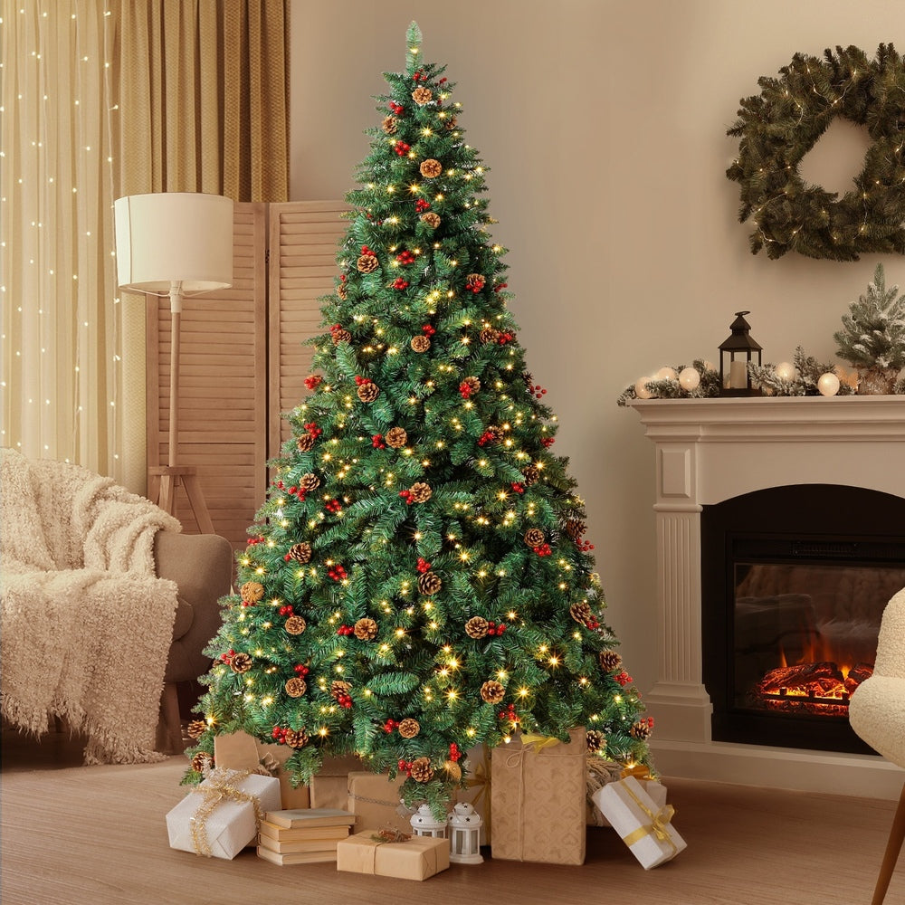 Tinseltown Christmas Tree 2.4M 8FT Xmas Decorations Green w/ LED Light and Pine Cones