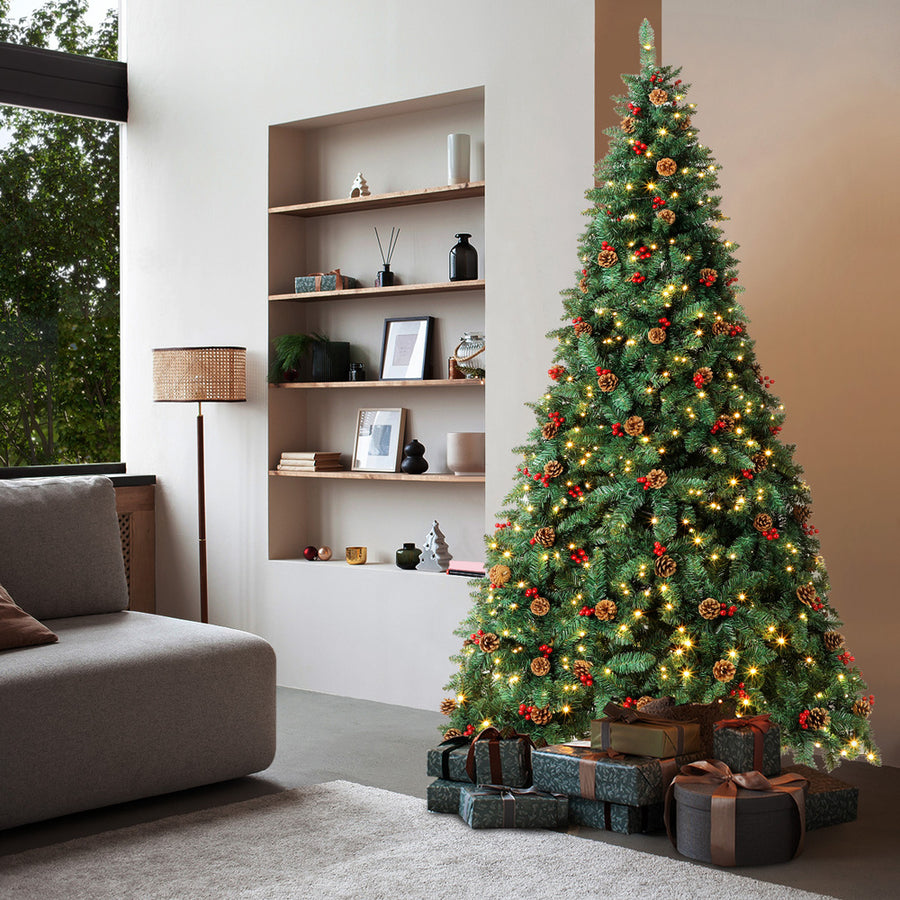 Tinseltown Christmas Tree 2.4M 8FT Xmas Decorations Green w/ LED Light and Pine Cones