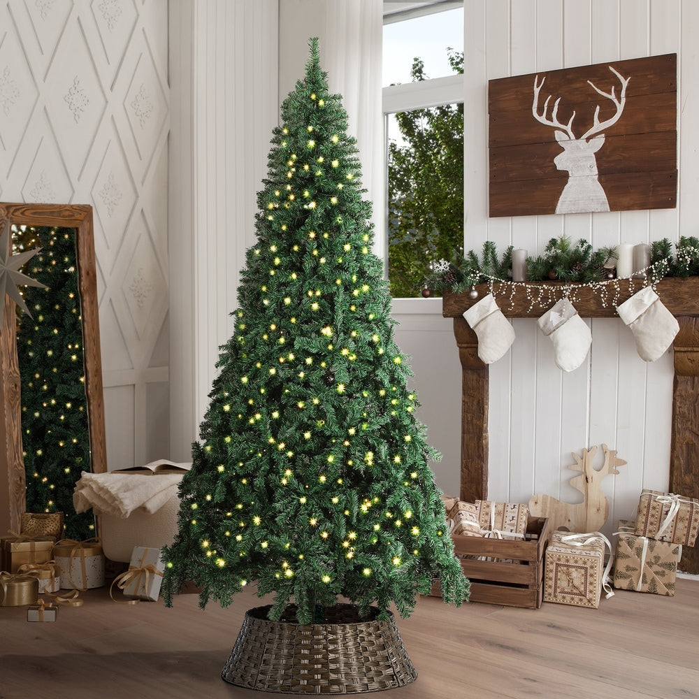 Tinseltown LED Christmas Tree 1.8M 6FT with Rattan Tree Skirt Warm Light Green