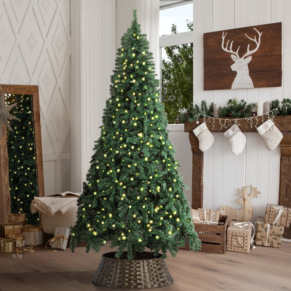 Tinseltown LED Christmas Tree 2.1M 7FT with Rattan Tree Skirt Warm Light Green