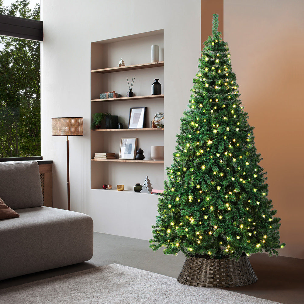 Tinseltown LED Christmas Tree 2.1M 7FT with Rattan Tree Skirt Warm Light Green