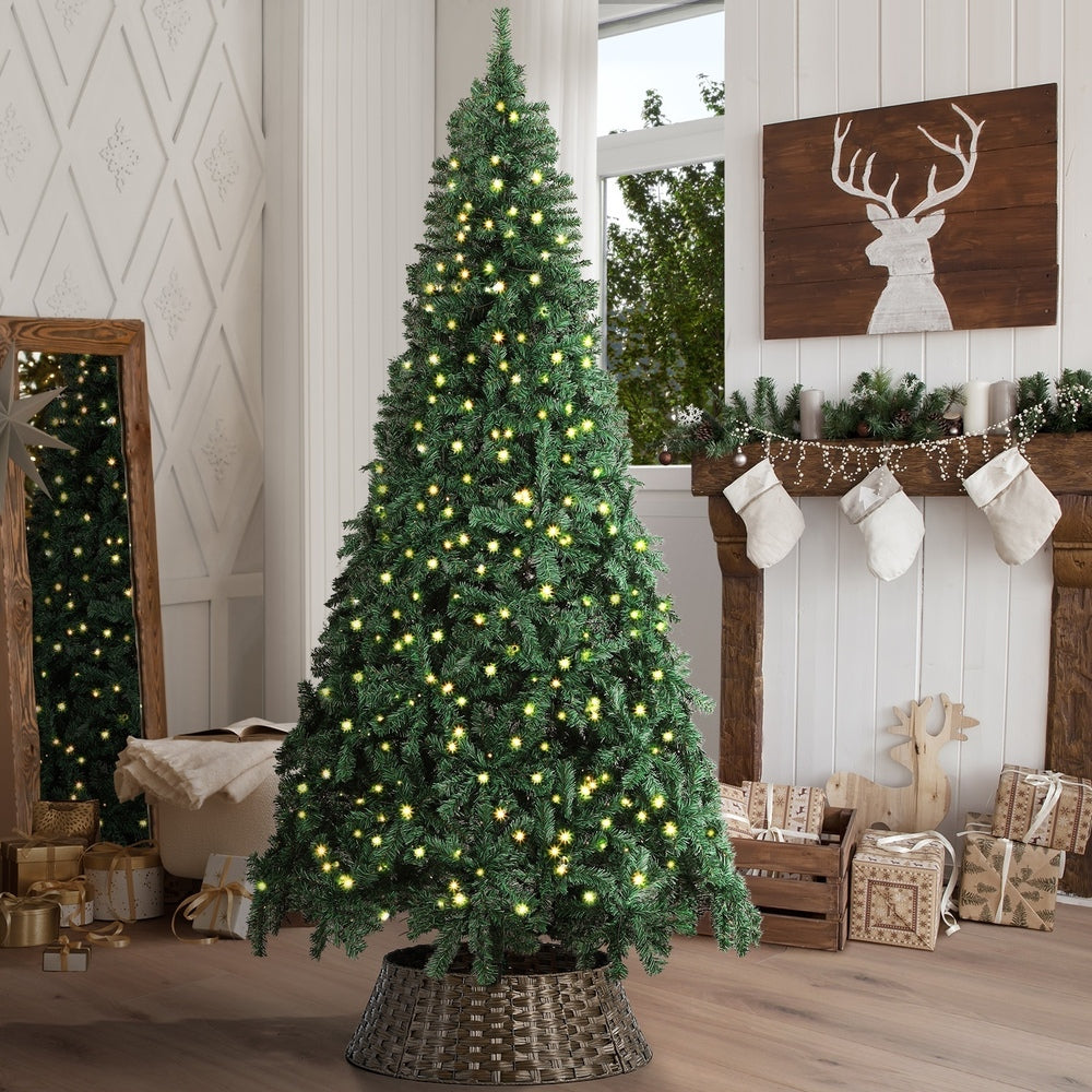 Tinseltown LED Christmas Tree 2.4M 8FT with Rattan Tree Skirt Warm Light Green