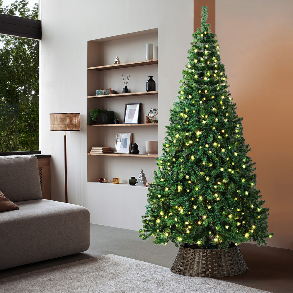 Tinseltown LED Christmas Tree 2.4M 8FT with Rattan Tree Skirt Warm Light Green