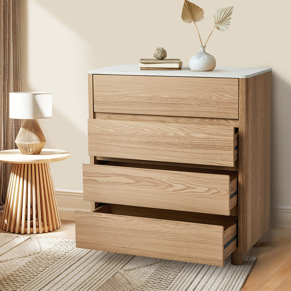 Oikiture 4 Chest of Drawers Dresser Faux Marble Top Natural