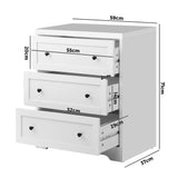 Oikiture 3 Chest of Drawers Hamptons Furniture White - 45-Degree Angle