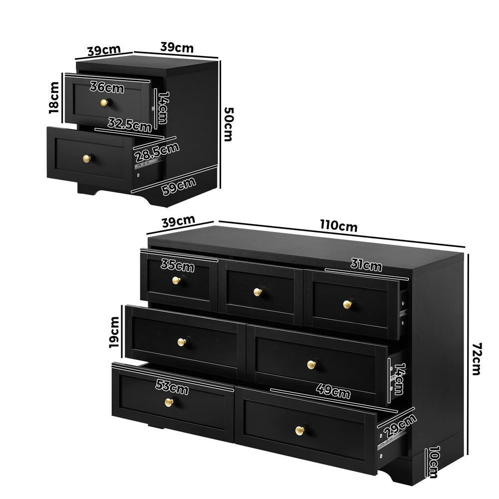 Oikiture 7 Chest of Drawers and Bedside Table Hamptons Furniture Set Black