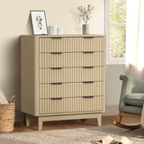 Oikiture 5 Chest of Drawers Dressers Tallboy Stripe Natural - Front View
