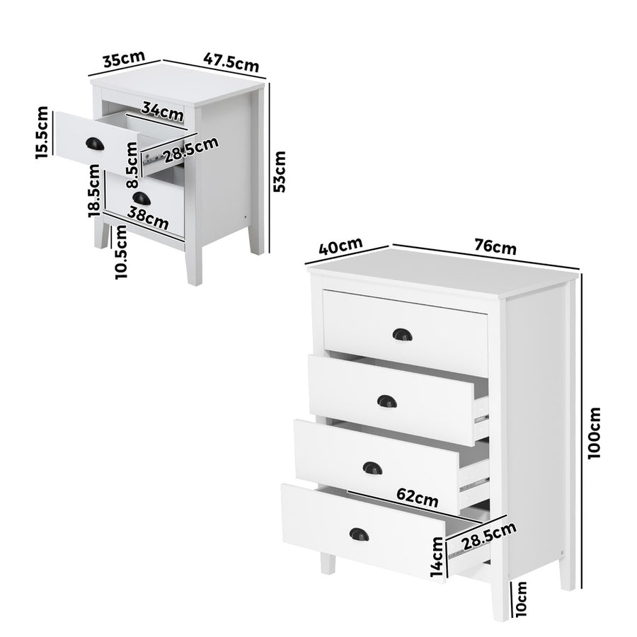 Oikiture 4 Drawers and 2 Bedside Tables Vintage Bedroom Set White