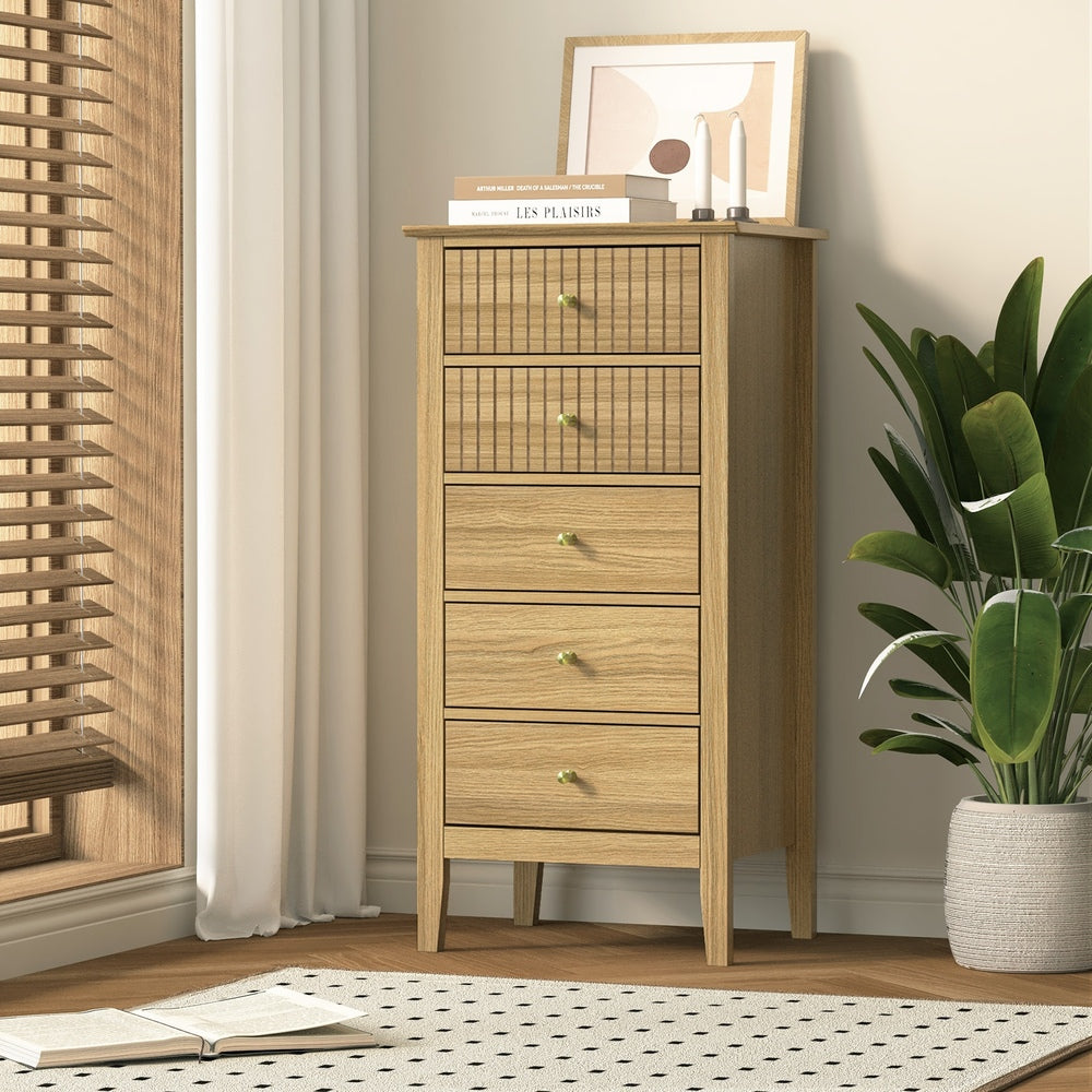 Oikiture 5 Chest of Drawers Dresser Tallboy Storage Cabinet Natural