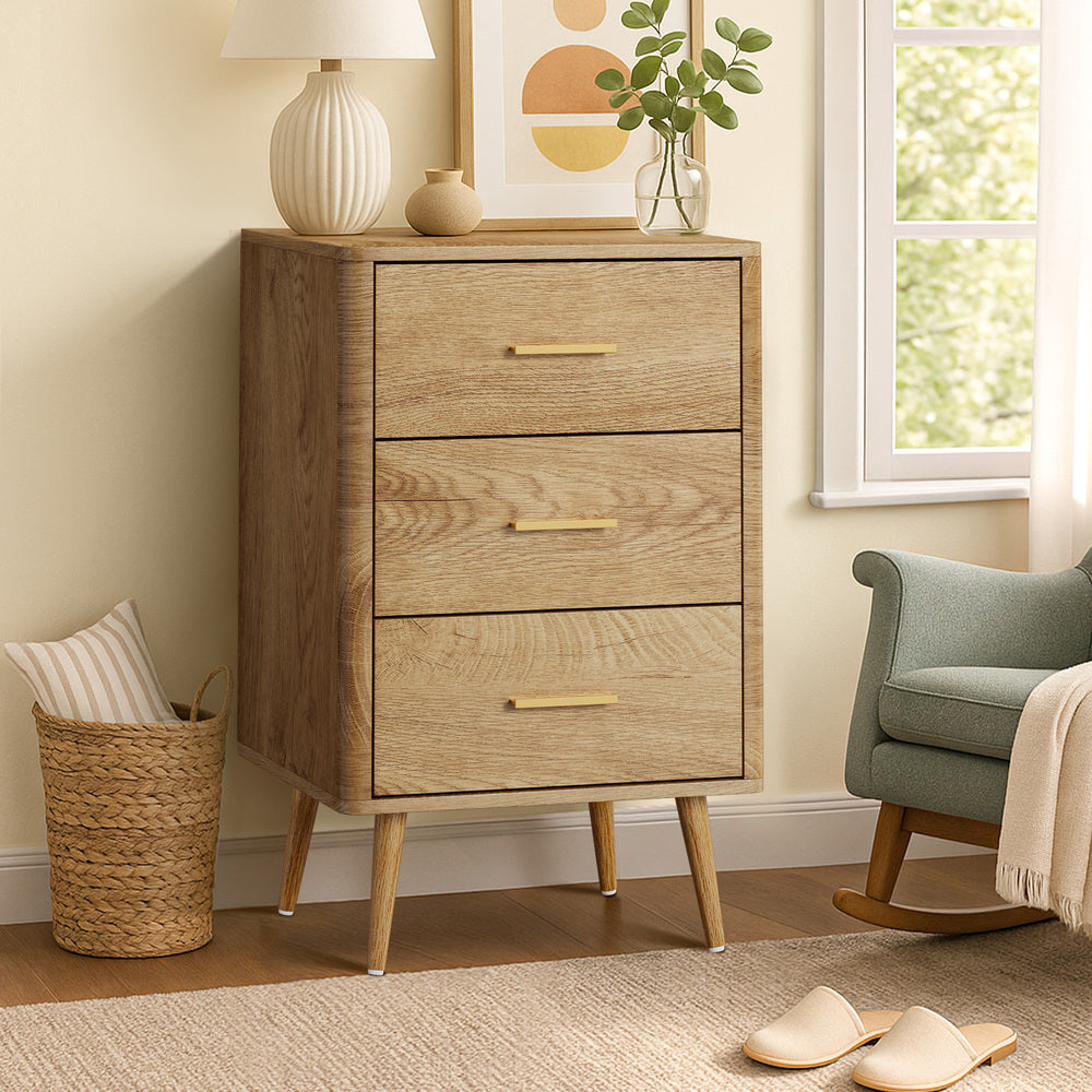 Oikiture 3 Chest of Drawers Tallboy Natural