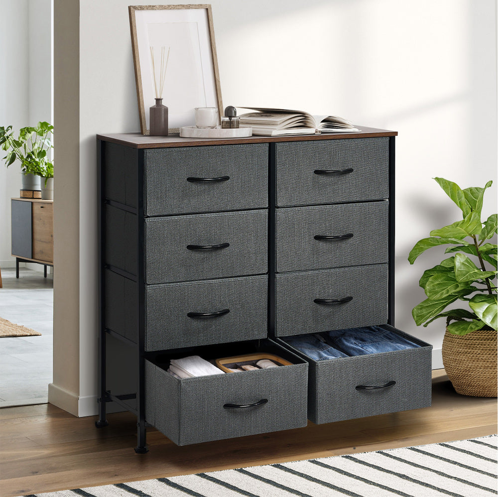 Oikiture 8 Chest of Drawers Fabric Grey Wooden Tabletop