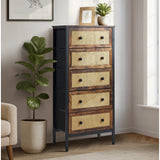 Oikiture 5 Chest of Drawers Rattan Fabric Dresser Tallboy - Side View