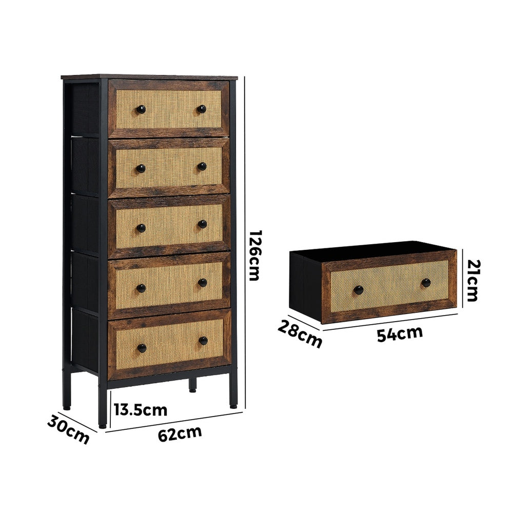 Oikiture 5 Chest of Drawers Rattan Fabric Dresser Tallboy