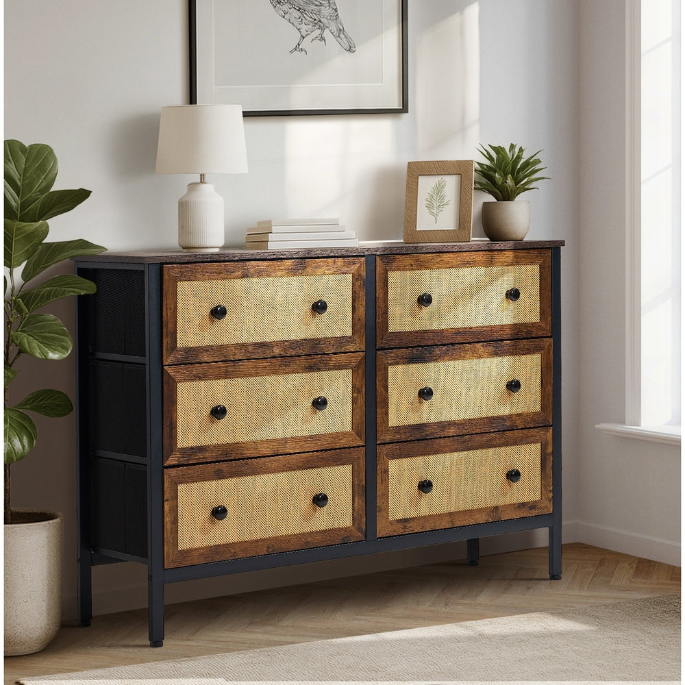 Oikiture 6 Chest of Drawers Rattan Fabric Dresser Tallboy