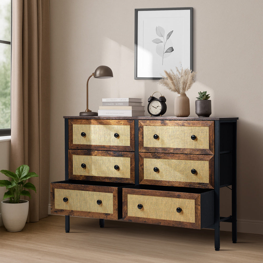 Oikiture 6 Chest of Drawers Rattan Fabric Dresser Tallboy