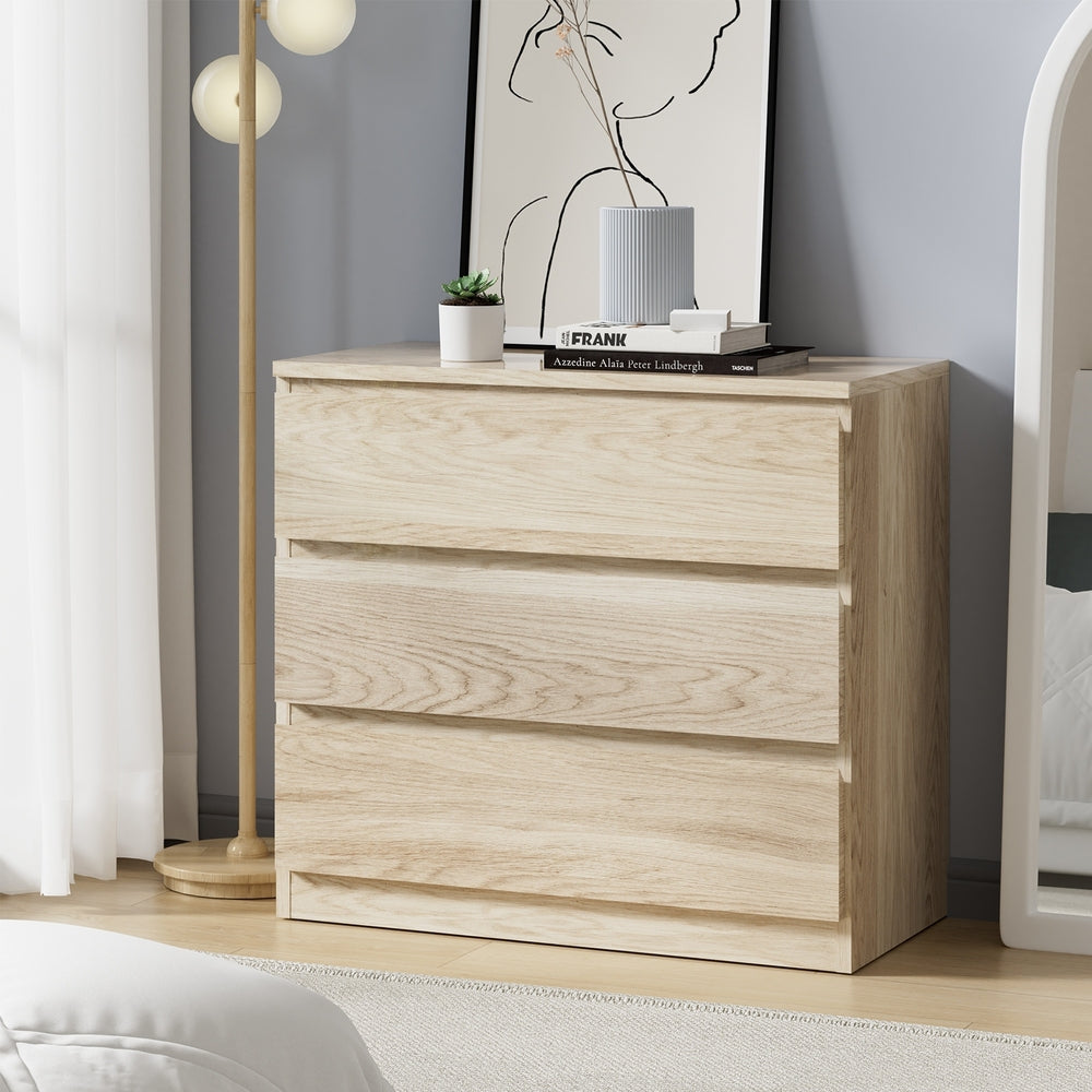 Oikiture 3 Chest of Drawers Lowboy Dresser Table Natural