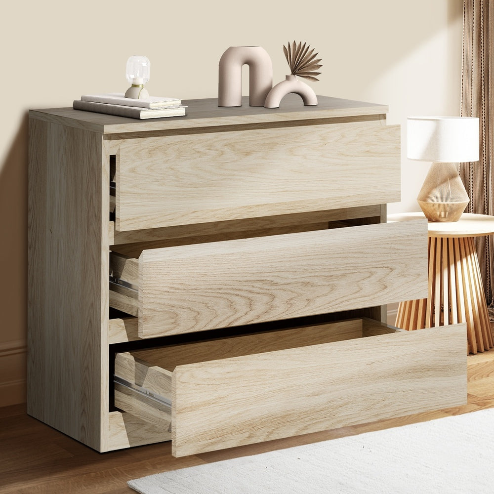 Oikiture 3 Chest of Drawers Lowboy Dresser Table Natural