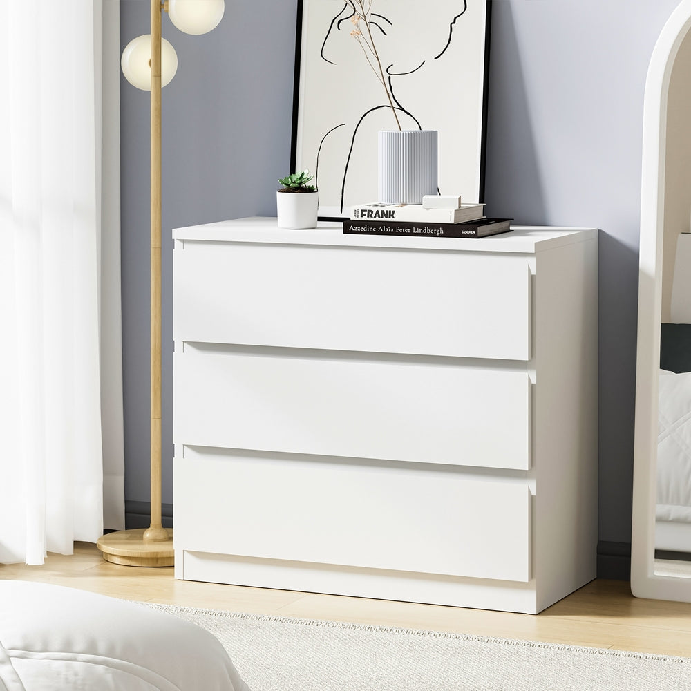 Oikiture 3 Chest of Drawers Lowboy Handle-Free White