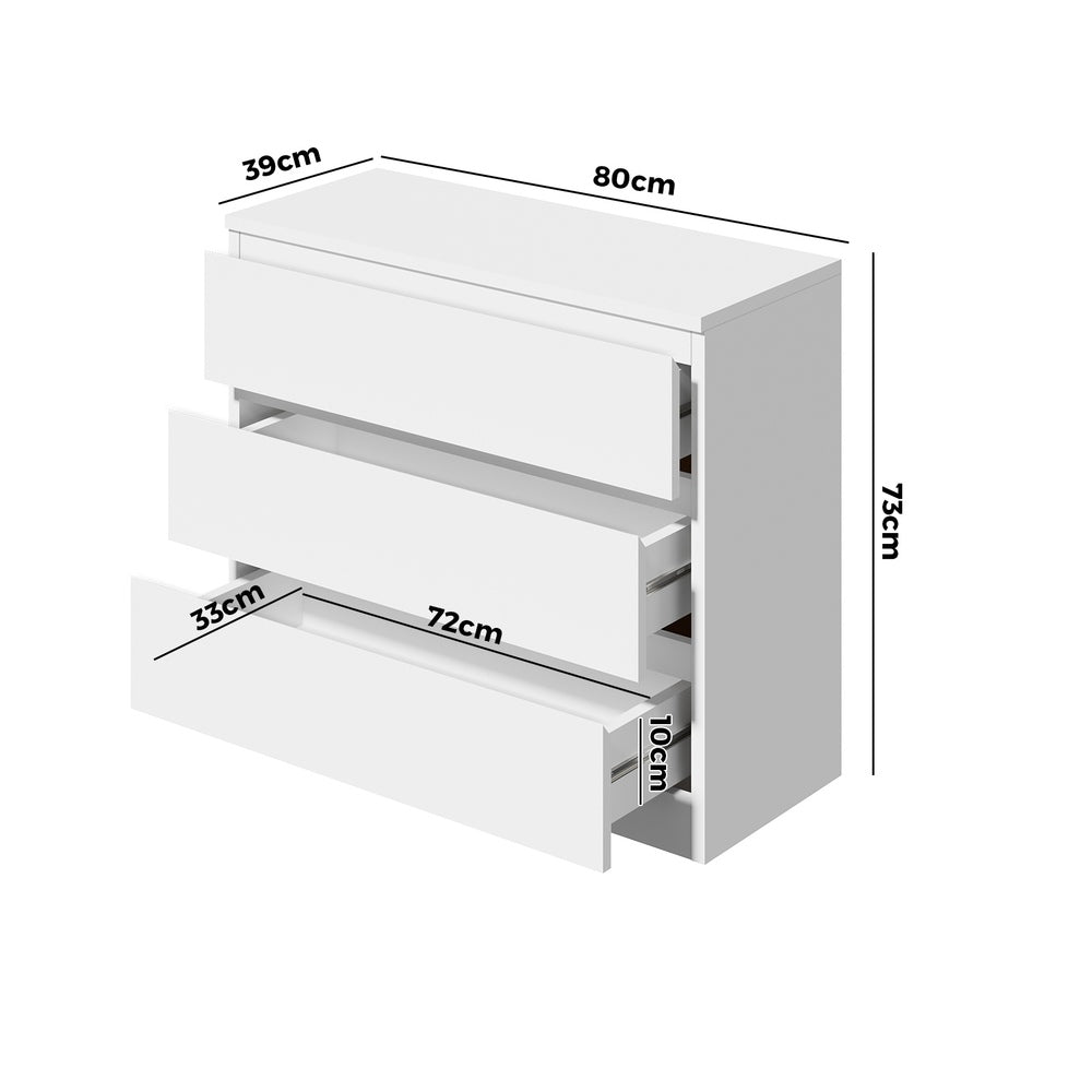 Oikiture 3 Chest of Drawers Lowboy Handle-Free White