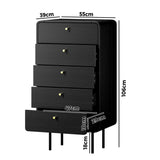 Oikiture 5 Chest of Drawers Dresser Tallboy Metal Handle Black - Side View