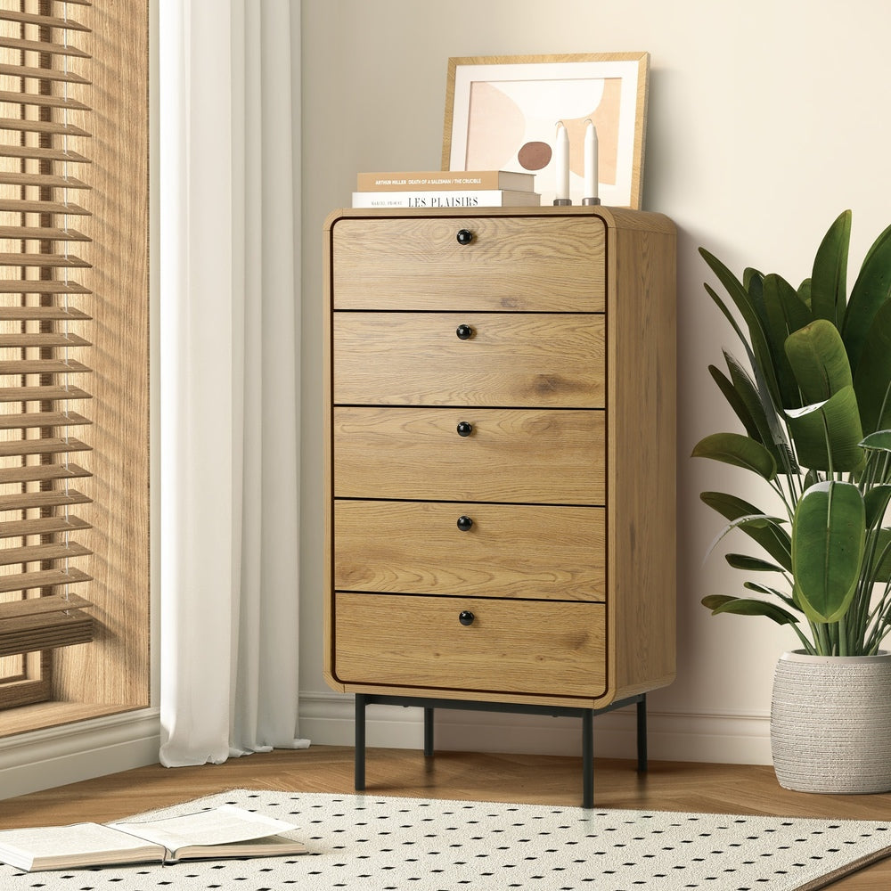Oikiture 5 Chest of Drawers Dresser Tallboy Wooden Handle Natural
