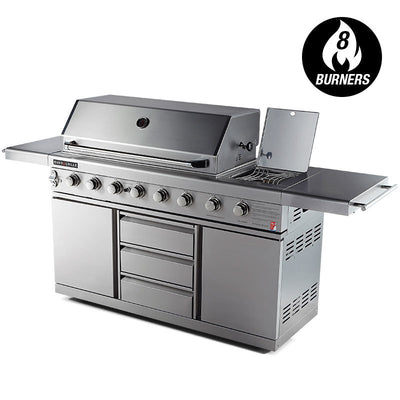 EuroGrille 8 Burner Gas BBQ, Stainless Steel Outdoor Barbeque Kitchen with Rotisserie and Wok Burner