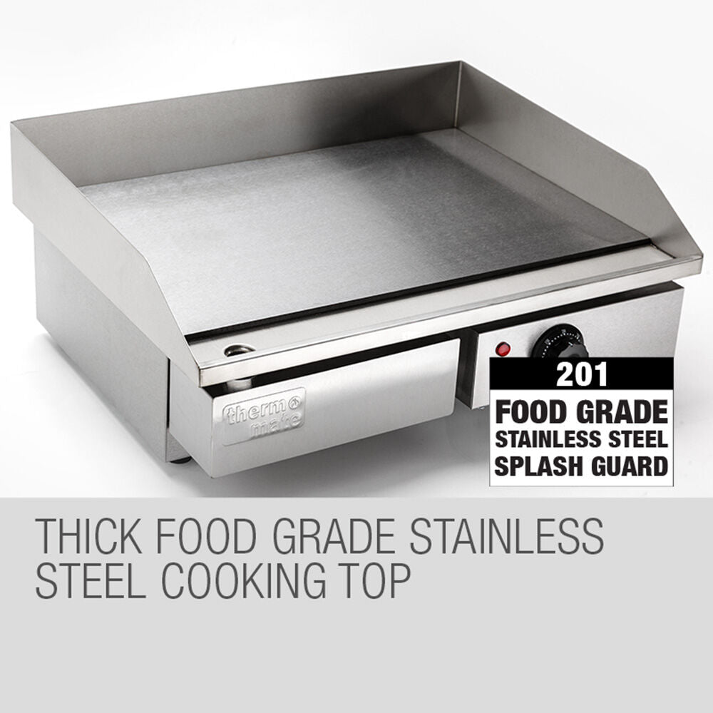 THERMOMATE Commercial Electric Griddle, 2400W Stainless Steel 55x35cm Countertop