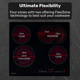 EuroChef 60cm 4 Zone Ceramic Cooktop, 6600W Electric, FlexiZone Adjustable Size Hobs, Touch Controls - Front View