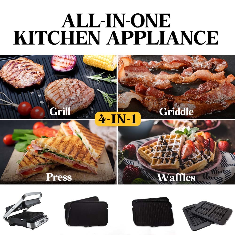 EUROCHEF 4-in-1 Smart Multi Contact Grill and Sandwich Panini Press, with Waffle Maker Plates