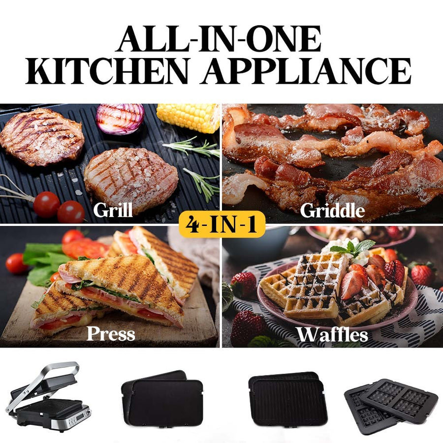 EUROCHEF 4-in-1 Smart Multi Contact Grill and Sandwich Panini Press, with Waffle Maker Plates