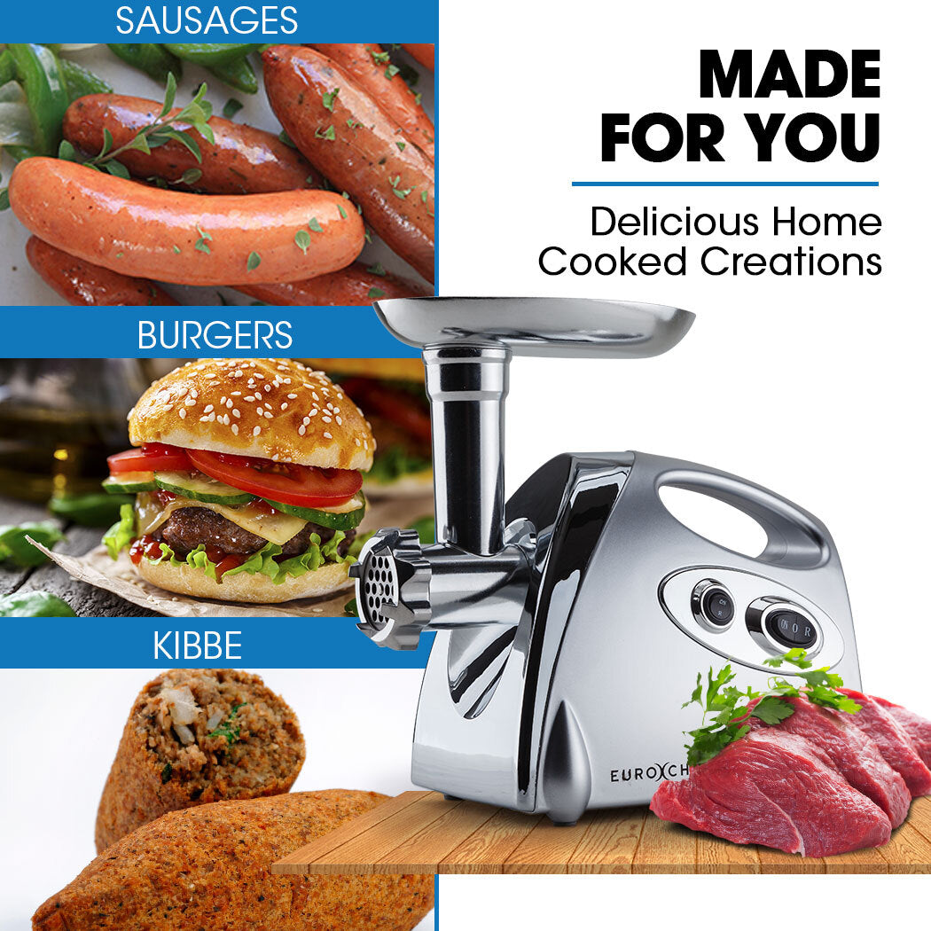 EUROCHEF ElEUROCHEF Electric Meat Grinder, Stainless Steel Mincer Sausage Filler Kibbe Maker, Silverctric Meat Grinder, Stainless Steel Mincer Sausage Filler Kibbe Maker, Silver