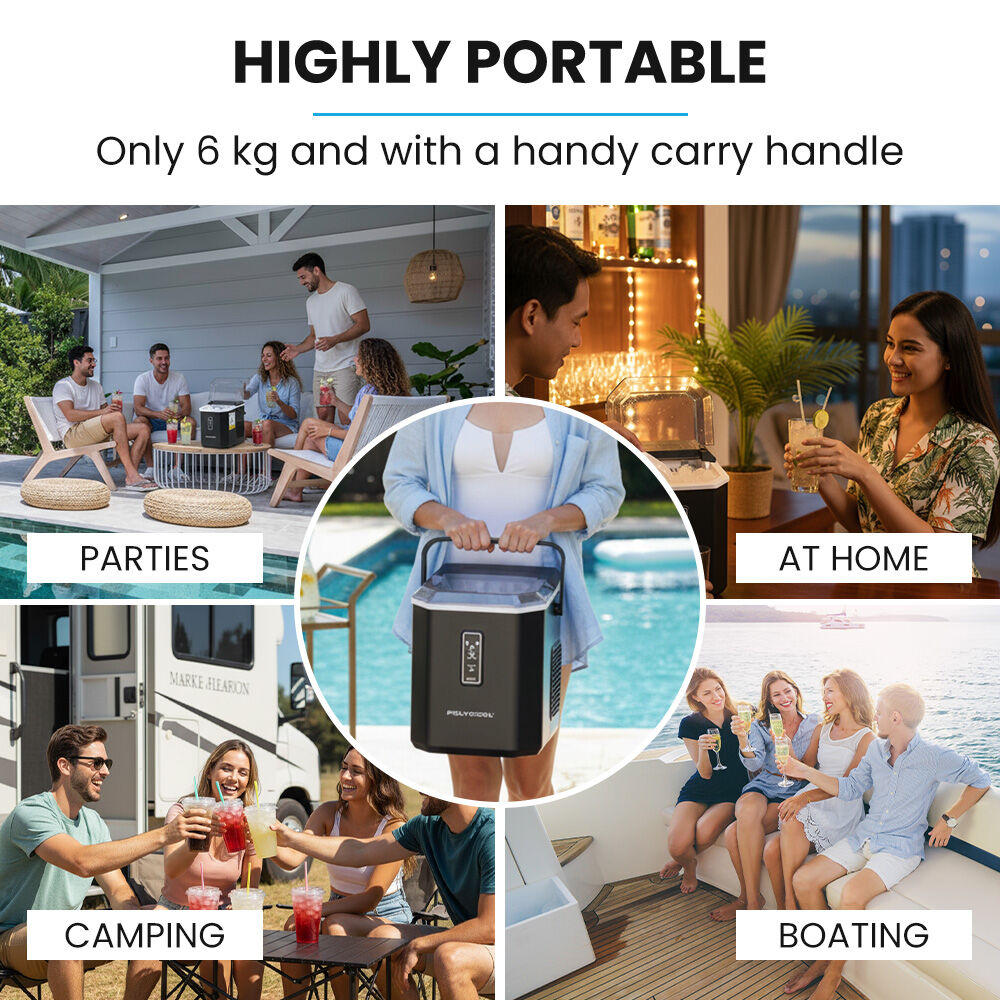 POLYCOOL Portable Ice Maker Machine, Automatic, 12kg/day, Auto Clean, with Scoop and Removable Basket, Black