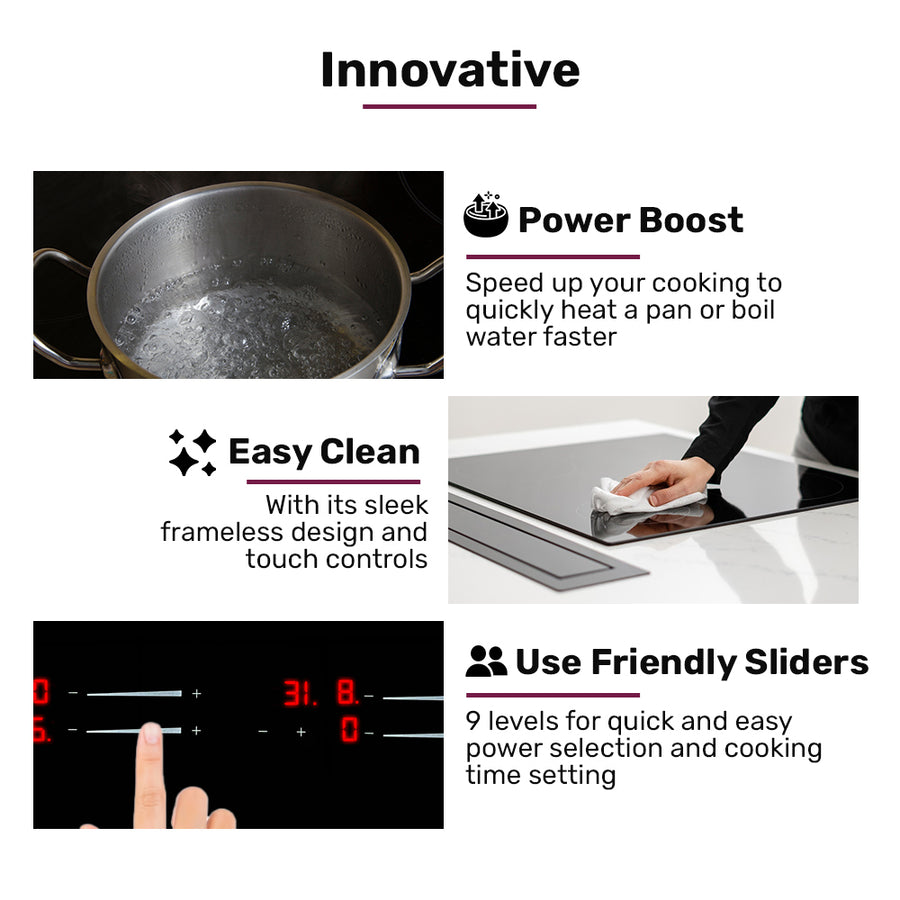 EuroChef 60cm 4 Zone Induction Cooktop, 7200W Electric, Dual Link Bridged Zone Hobs, Touch Controls, image 8