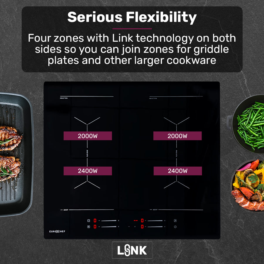 EuroChef 60cm 4 Zone Induction Cooktop, 7200W Electric, Dual Link Bridged Zone Hobs, Touch Controls, Electric