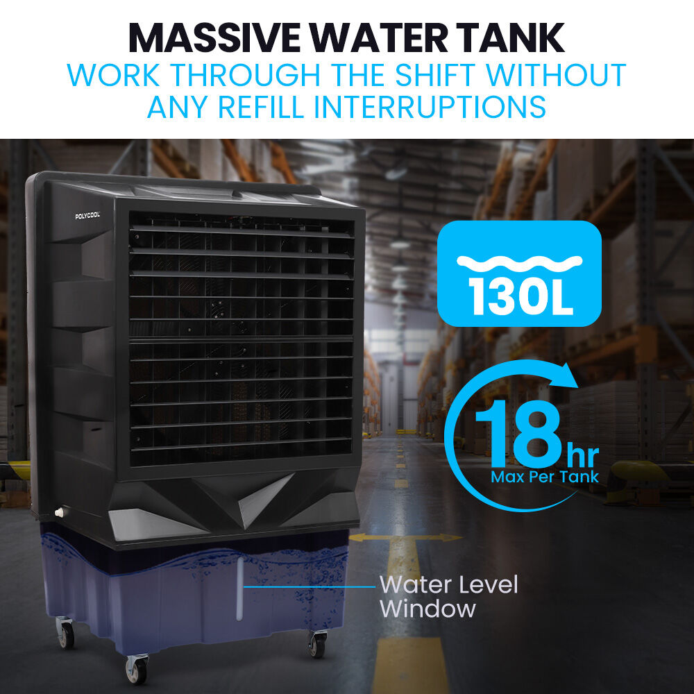 POLYCOOL 130L 750W Evaporative Air Cooler, Commercial Industrial Grade, Remote Control, Purifier, Humidifier, Fan
