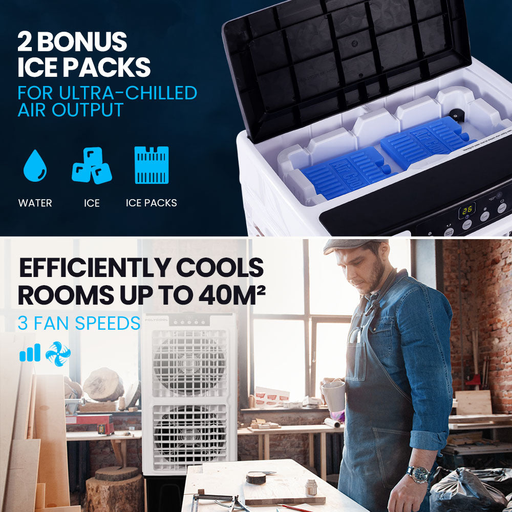 POLYCOOL 35L 220W Evaporative Air Cooler Portable Industrial Fan, Purifier, Humidifier, Remote Control