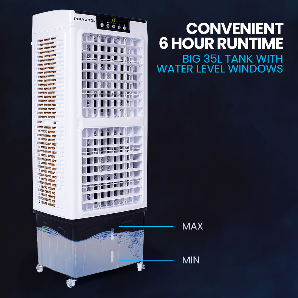 POLYCOOL 35L 220W Evaporative Air Cooler Portable Industrial Fan, Purifier, Humidifier, Remote Control
