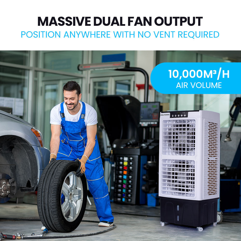 POLYCOOL 35L 220W Evaporative Air Cooler Portable Industrial Fan, Purifier, Humidifier, Remote Control